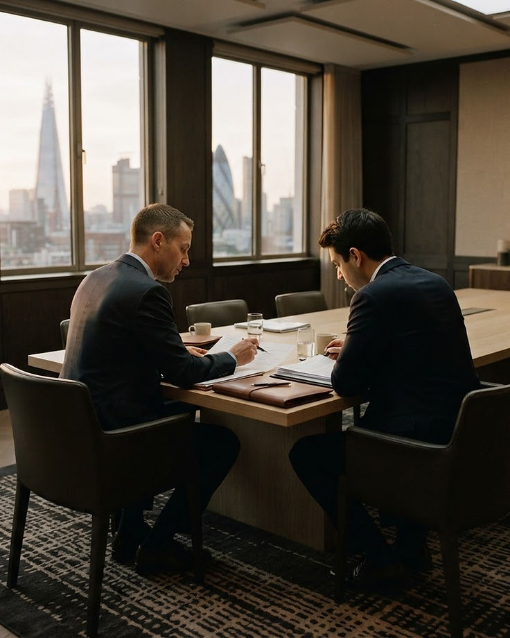 Brolch consultants reviewing certification documentation in a London boardroom