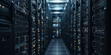 Server racks in a modern data centre corridor with amber indicator lights