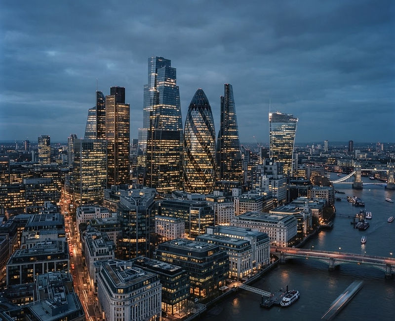 London financial district glass towers at dusk, home of Brolch Consulting ESG UK