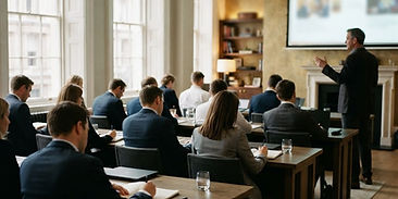 Professional training seminar in a London meeting room with delegates taking notes