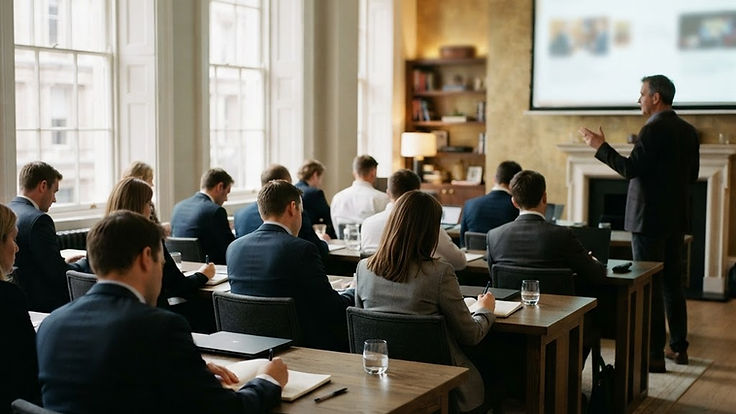 Professional training seminar in a London meeting room with delegates taking notes