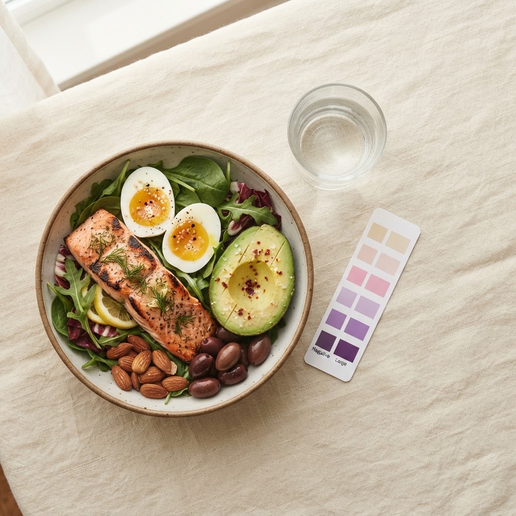 Keto meal of salmon, avocado and greens beside a ketone test strip chart