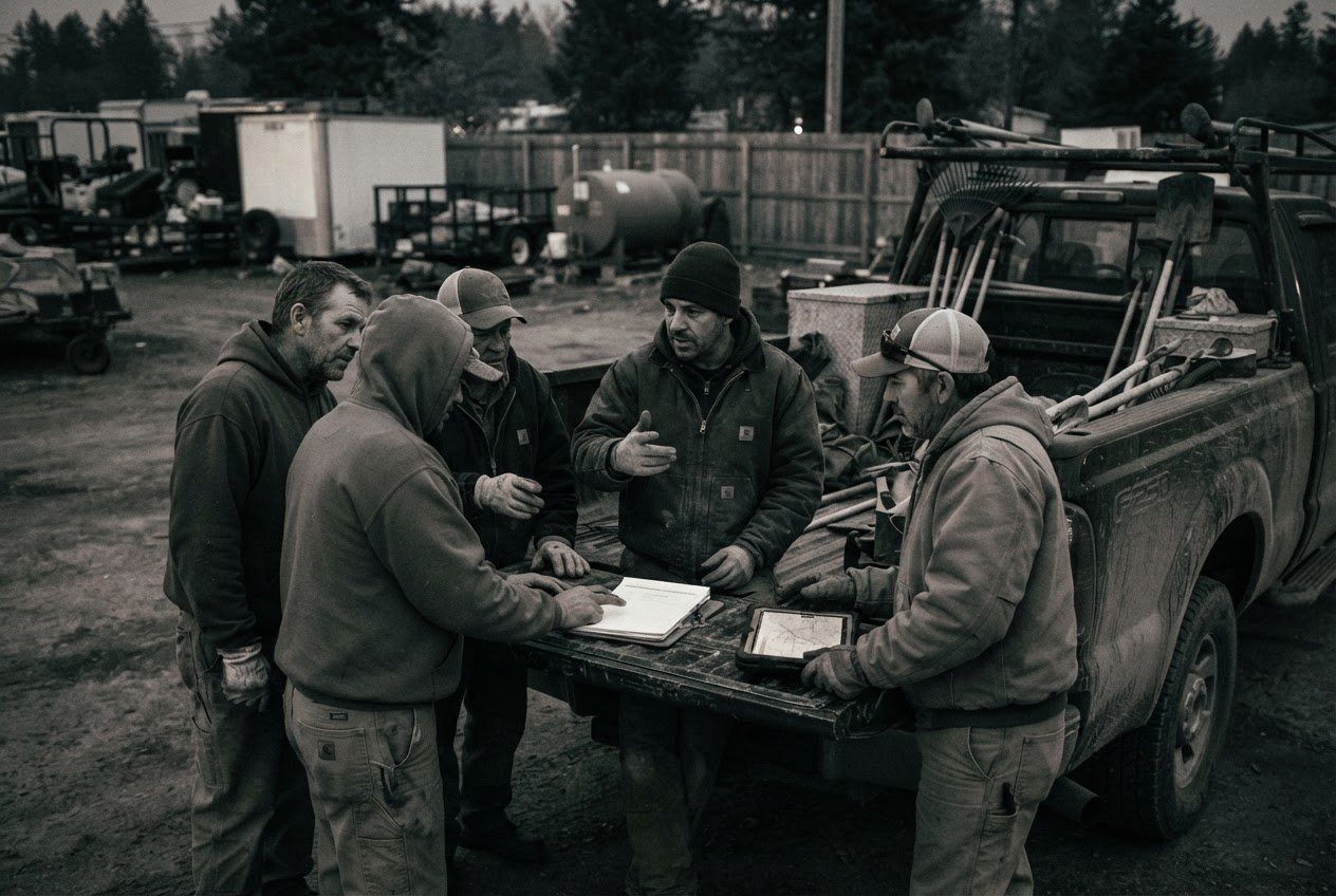 Field crew planning the day around a truck