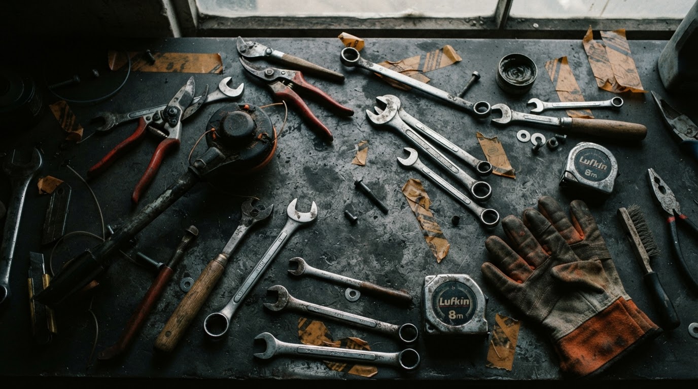 Overhead workshop tools on a charcoal bench