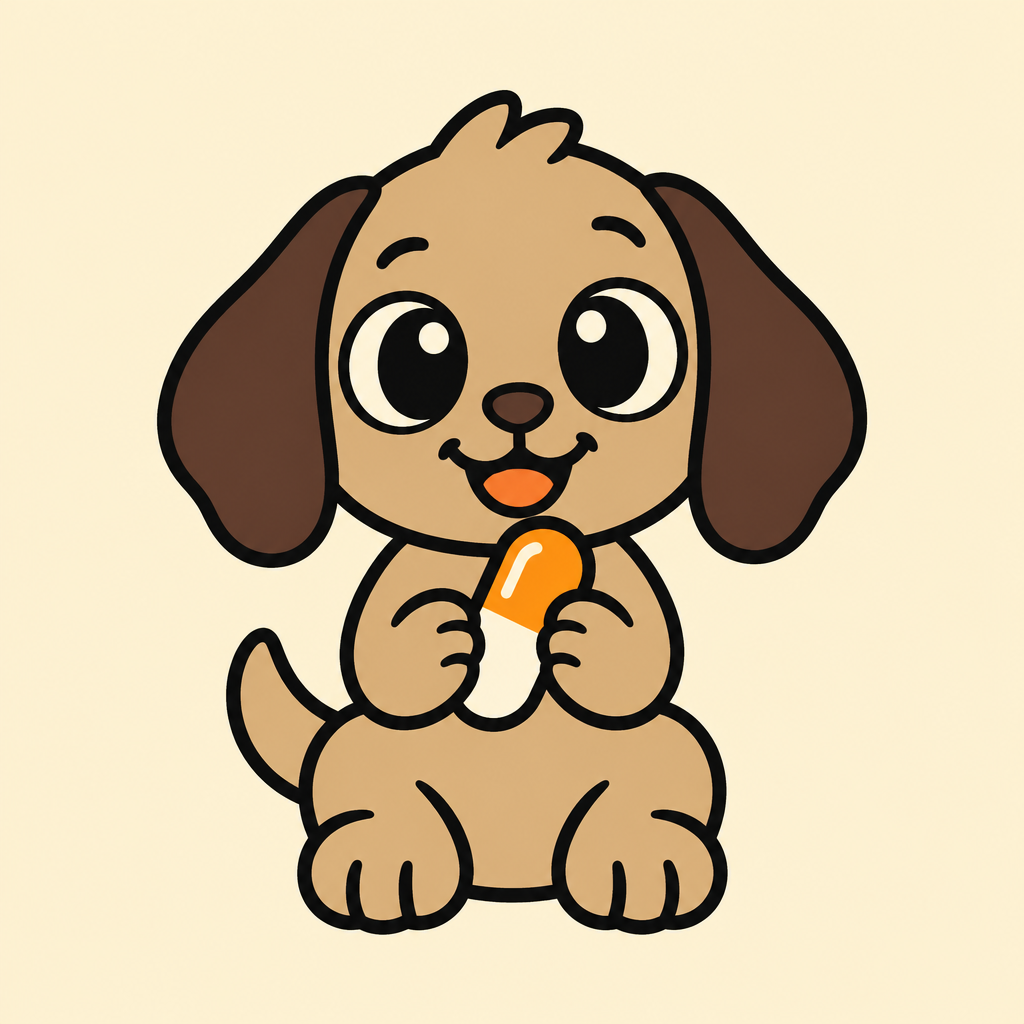 Orange Pill Pup mascot holding an orange-and-white pill