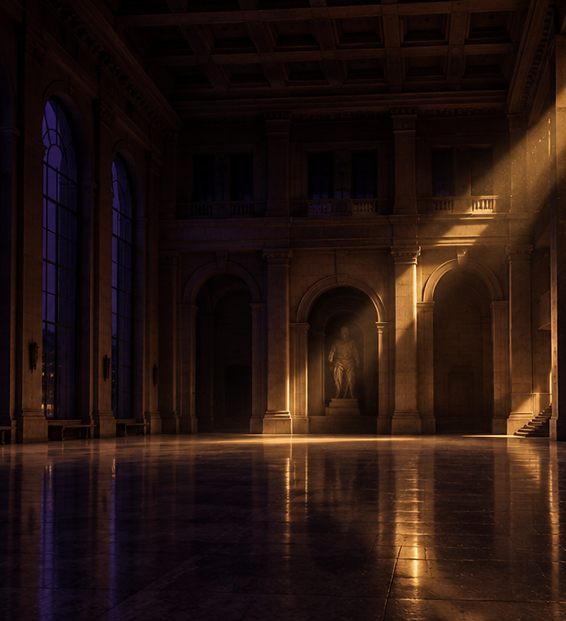 Monumental academic hall lit by a single shaft of gold light