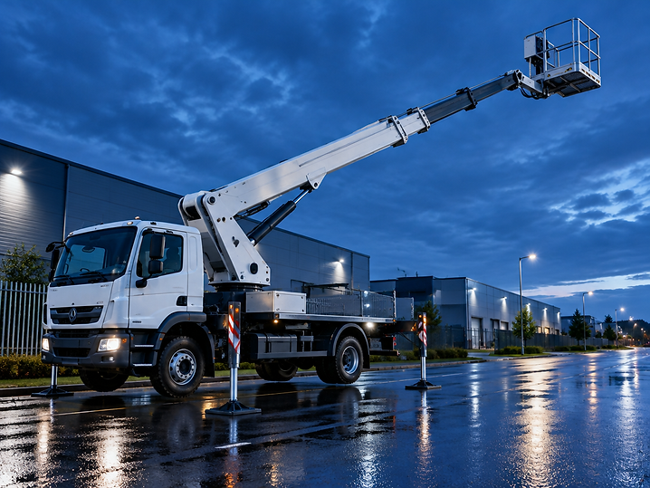 LKW-Arbeitsbühne auf einer Straße im Industriegebiet