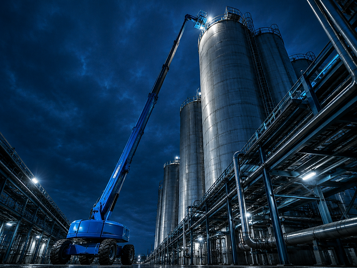 Hohe Teleskopbühne neben Industriesilos