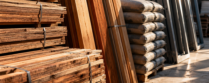 Stacked ceiling boards, timber and cement bags in the BUILDMATE yard