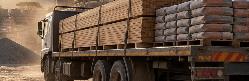 A flatbed truck loaded with timber boards and cement bags at the delivery bay