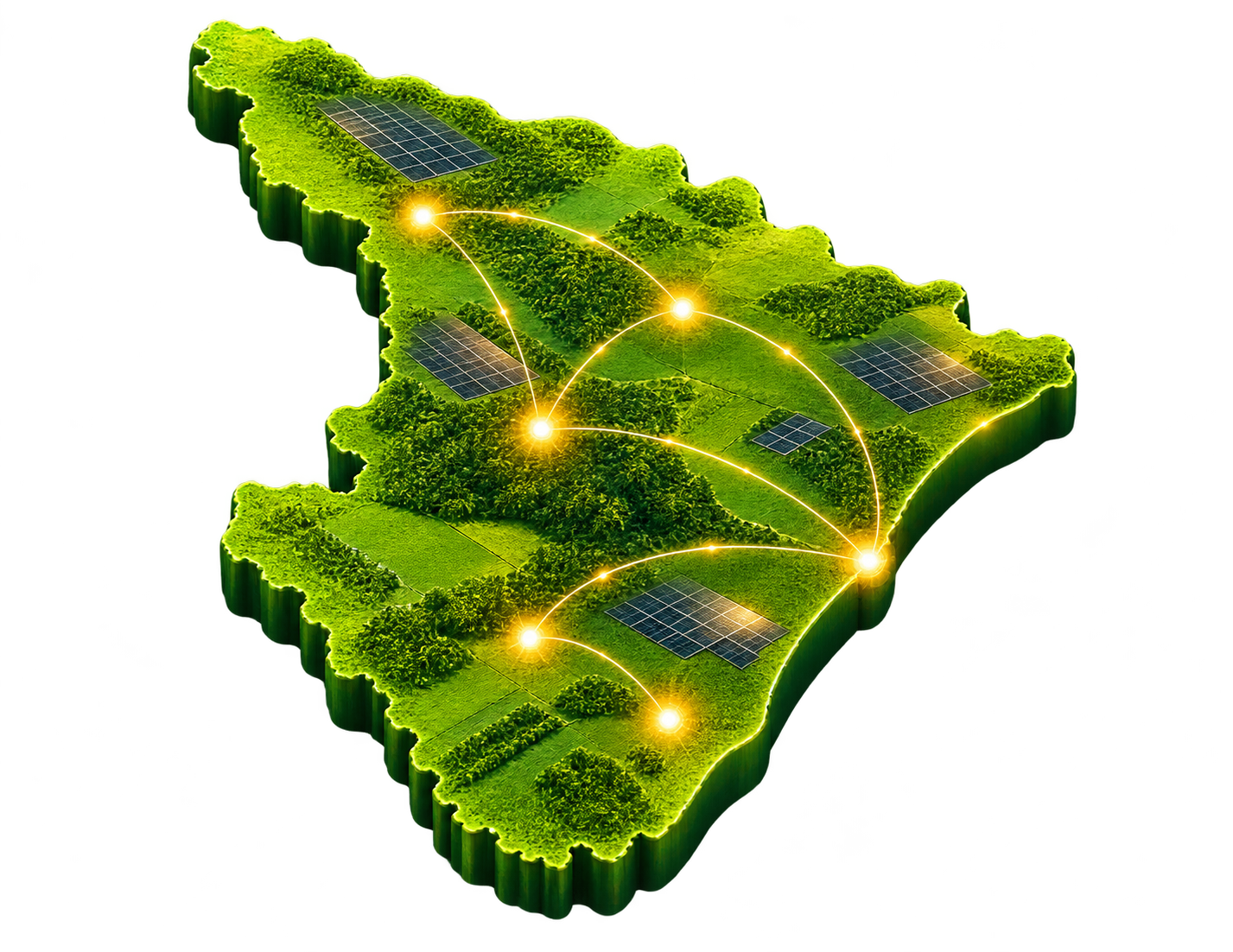 Mapa 3D verde de Sergipe com painéis solares e conexões de energia