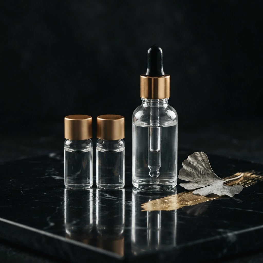 Peptide vials on black marble