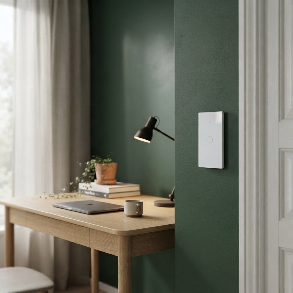 The smart touch switch mounted on a home office wall beside a light oak desk