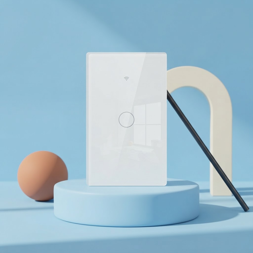 The smart touch switch standing on a sky blue podium with geometric props