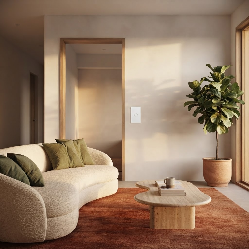 The smart touch switch mounted on a lounge wall beside a cream sofa