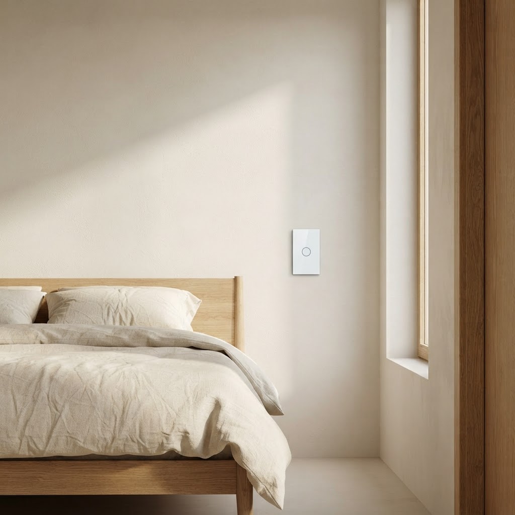 The smart touch switch mounted on a bedroom wall beside a wooden bed in morning light