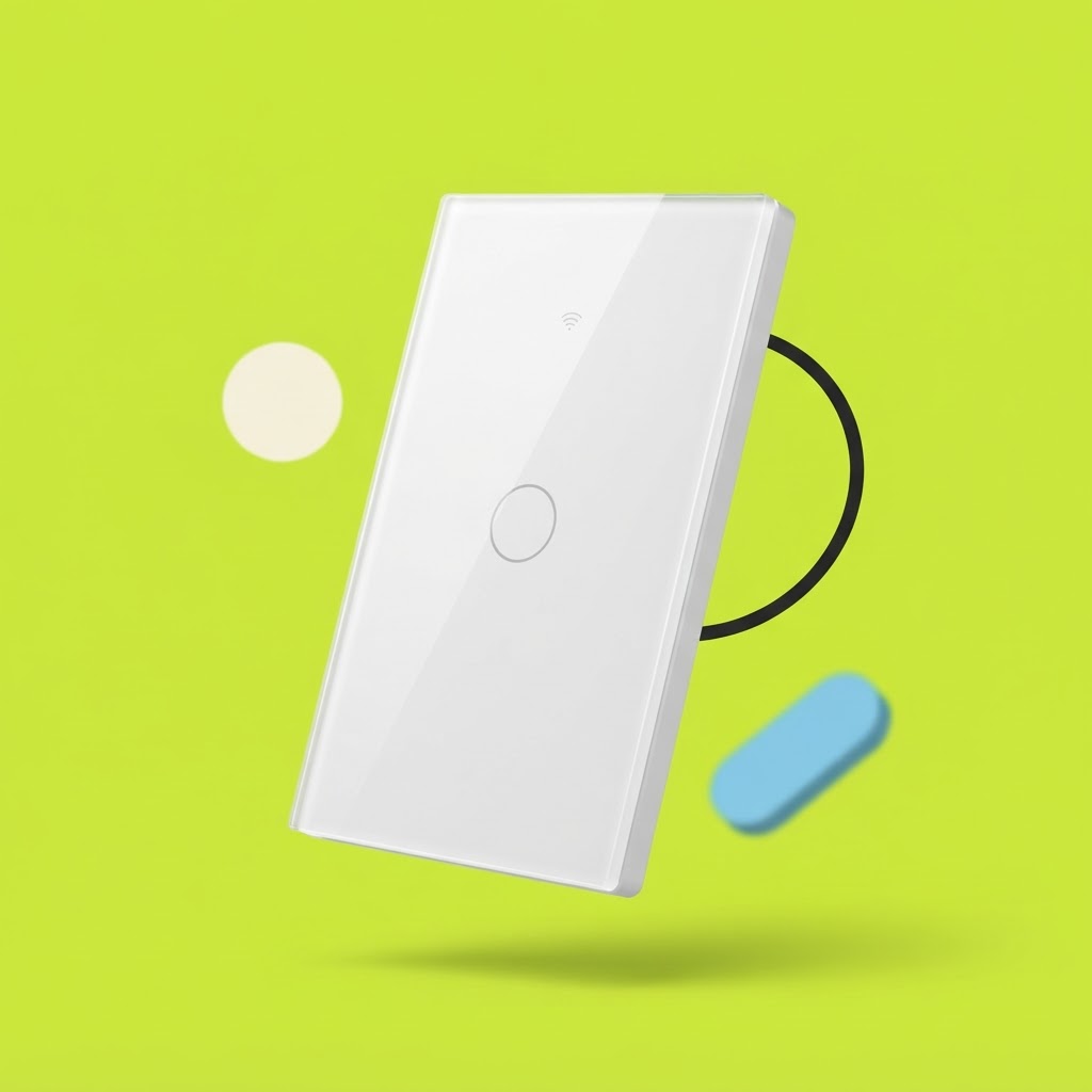 The white glass smart touch switch floating against a lime green background, surrounded by playful geometric shapes