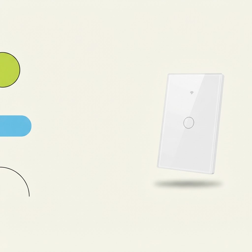 Promotional banner with the white smart touch switch on a cream background, space on the left for a headline