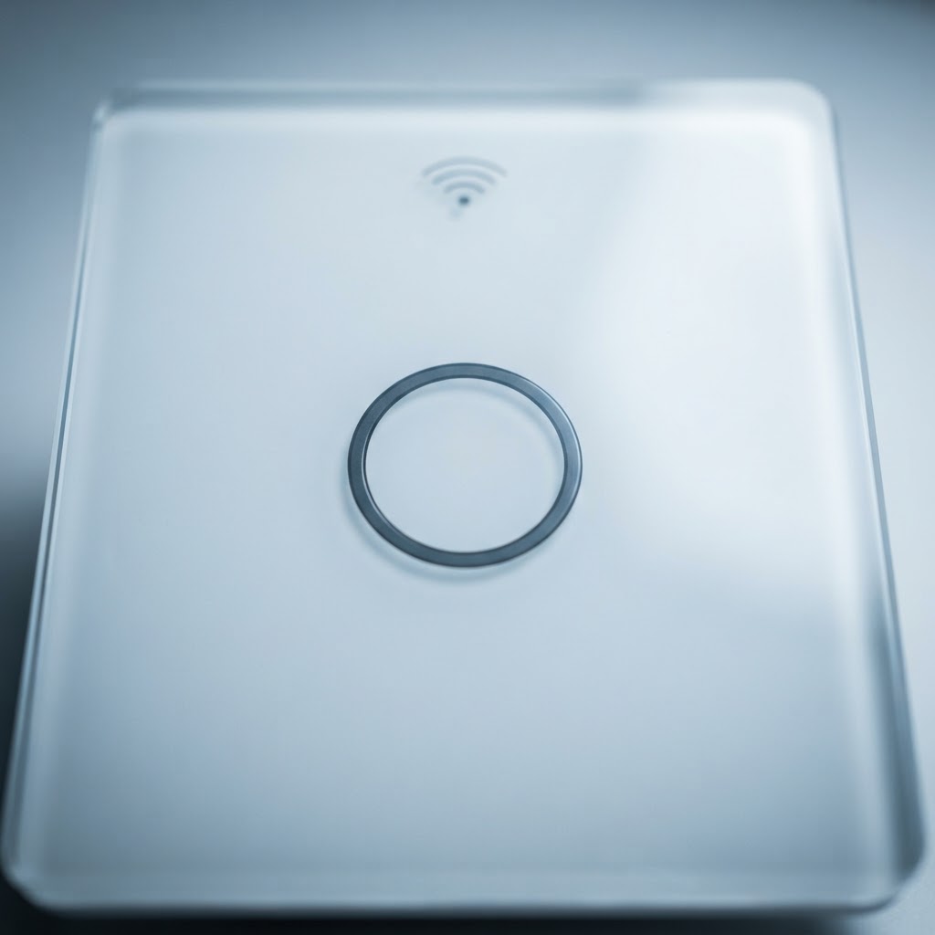 Close-up of the glossy white glass face showing the thin circular touch ring and the small Wi-Fi symbol above it