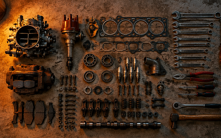 Disassembled vintage car parts laid out on a workshop floor