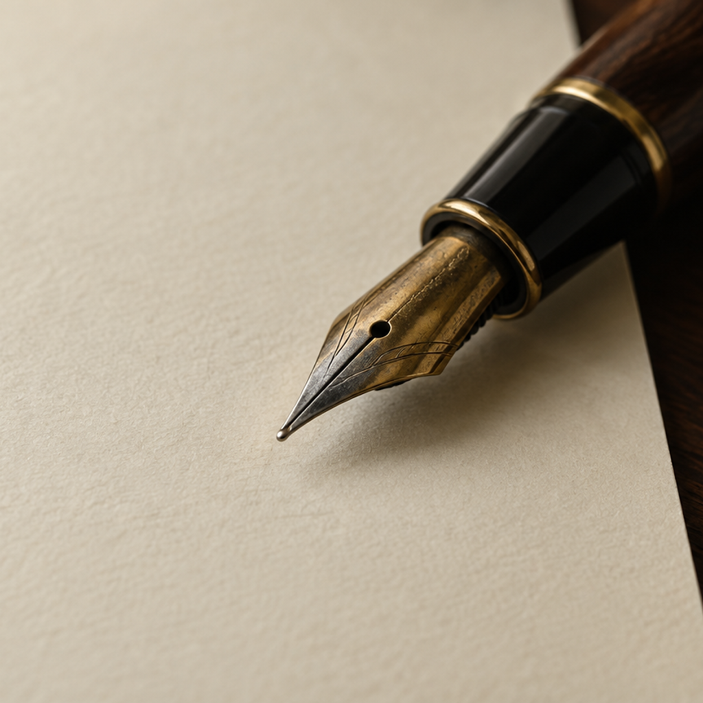 A fountain pen nib resting on blank cream paper in soft window light