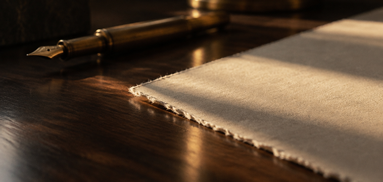 A sheet of heavy cream paper on a dark walnut desk, lit by a single beam of afternoon light