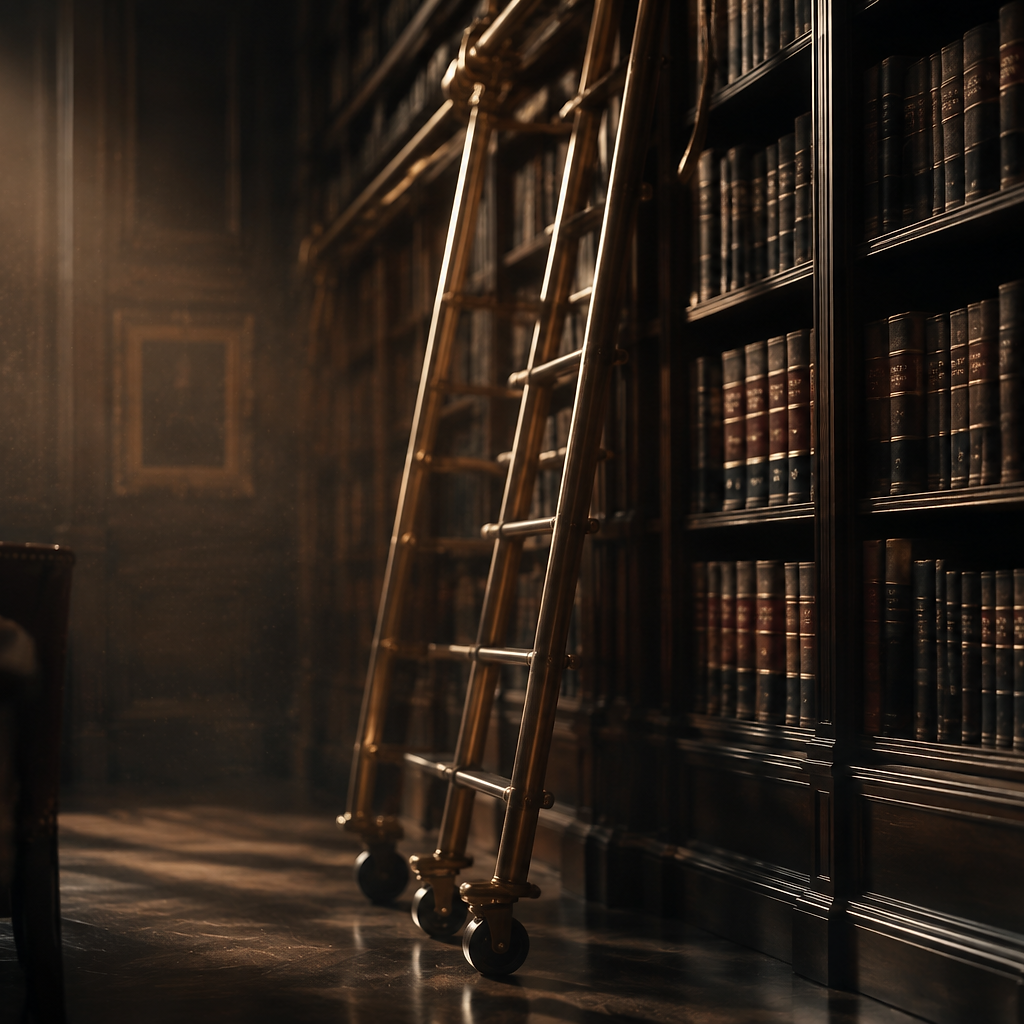 A brass library ladder in a dark oak law library, dust suspended in a shaft of light