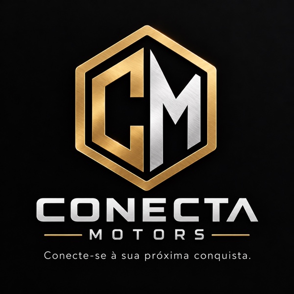 Marca original da Conecta Motors em dourado e prata escovados