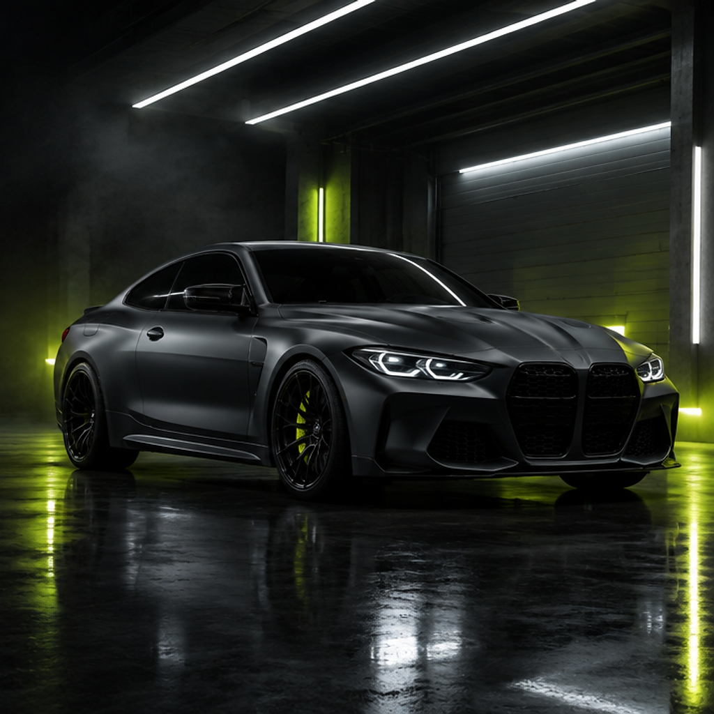 Illustration of a dark performance car with tinted windows in a dramatic studio
