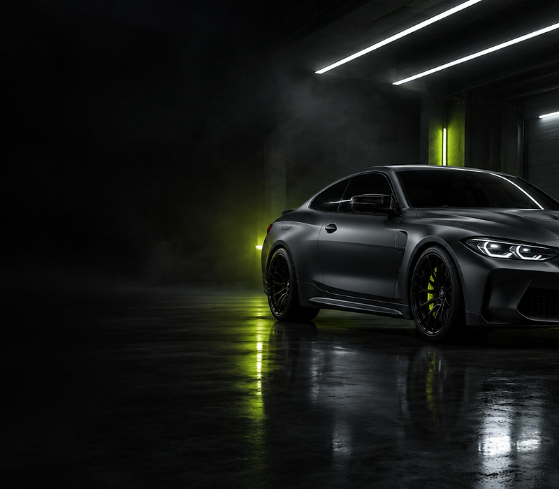 Illustration of a dark performance car with tinted windows in a dramatic studio