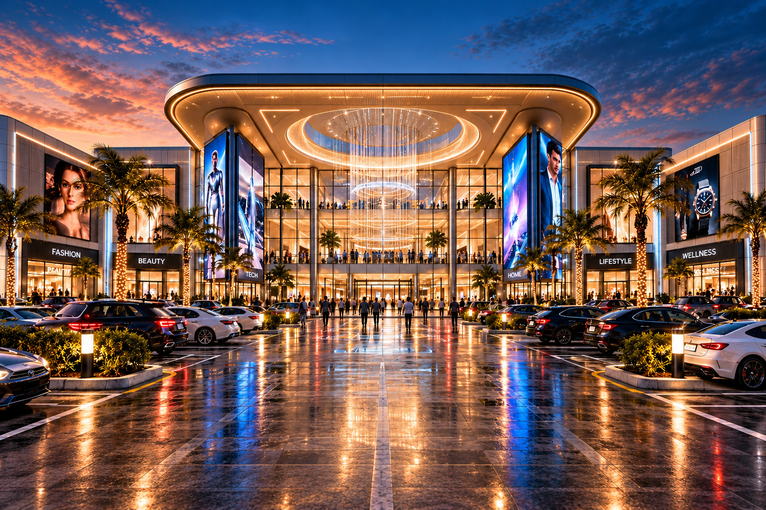 A cinematic rendering of a grand illuminated shopping mall at dusk, with palm trees, a landscaped parking lot, glass entrance and glowing architectural lights.