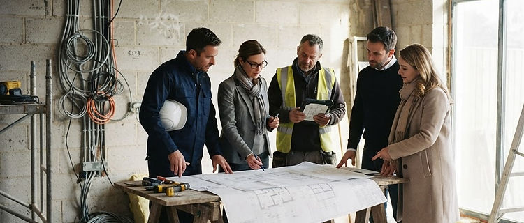 Réunion de chantier entre SynHome, l'électricien, l'architecte et les clients