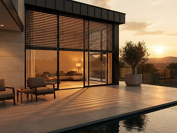 Terrasse avec stores extérieurs partiellement baissés au coucher du soleil