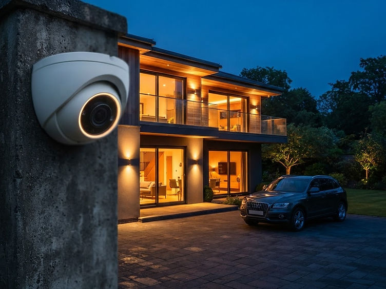 Caméra de vidéosurveillance Ubiquiti installée à l'entrée d'une villa