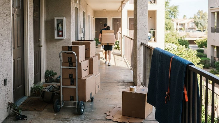 Moving boxes and a hand truck in an apartment breezeway on move-in day