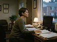 A property manager at a desk at the end of the working day