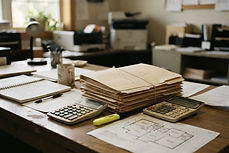 Desk with stacked lease folders, a calculator and a printed floor plan in soft daylight