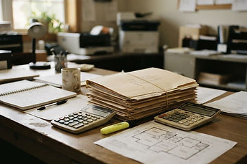 Desk with stacked lease folders, a calculator and a printed floor plan in soft daylight