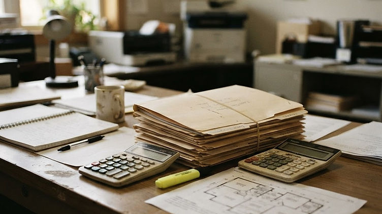 Desk with stacked lease folders, a calculator and a printed floor plan in soft daylight