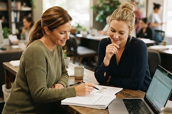 Community manager and assistant manager reviewing reports together at a leasing counter
