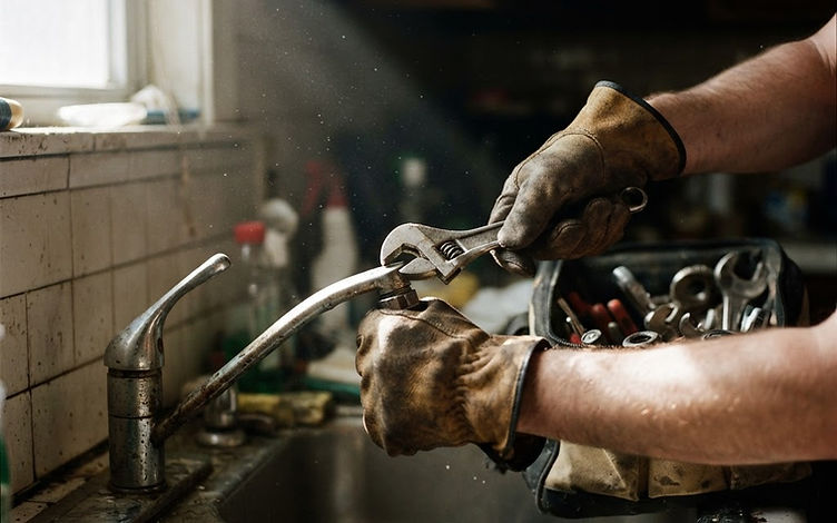 A maintenance technician repairing a kitchen faucet