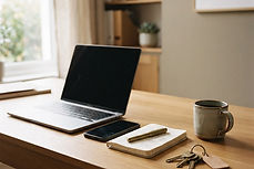 A desk in a property management office with a laptop, phone and notebook