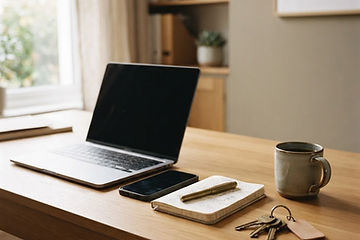 A desk in a property management office with a laptop, phone and notebook