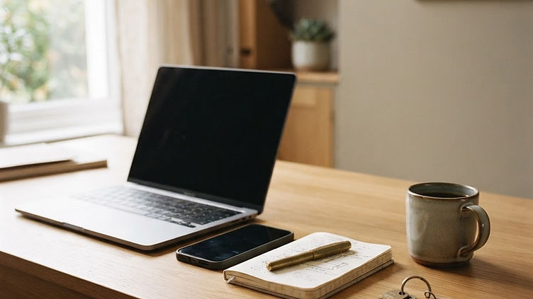 A desk in a property management office with a laptop, phone and notebook
