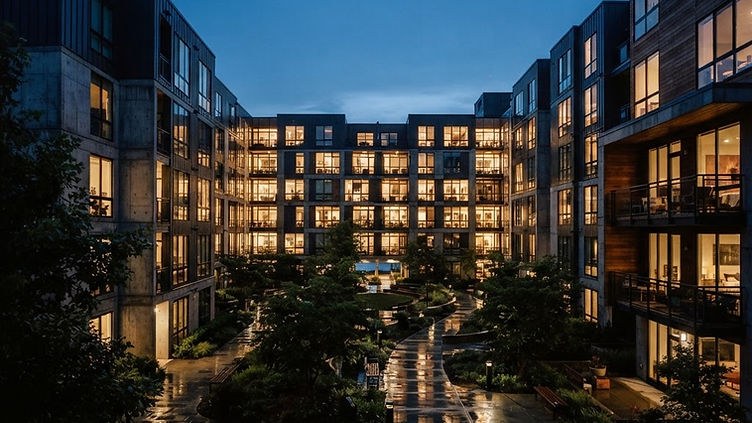 A modern apartment community courtyard at dusk