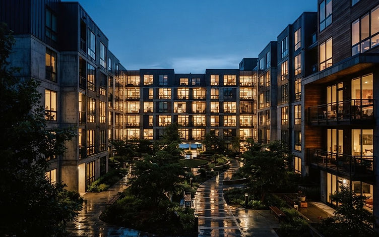 A modern apartment community courtyard at dusk