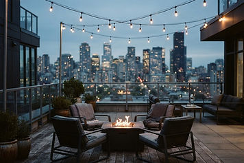 Rooftop amenity deck of an apartment community at dusk with empty lounge seating and string lights