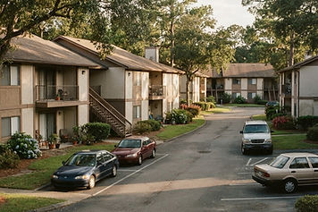 Well-kept older garden-style apartment buildings in warm late afternoon light