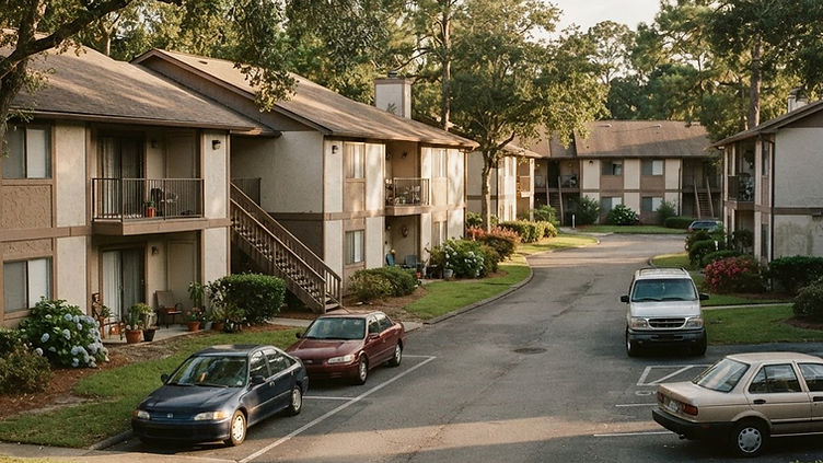 Well-kept older garden-style apartment buildings in warm late afternoon light