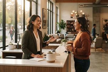 A community manager talking with a resident across a leasing office counter